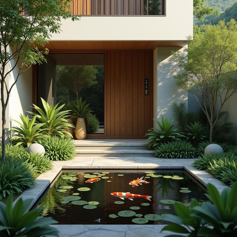 Hồ cá trước cửa nhà đẹp hợp phong thủy mang tài lộc cho gia đình