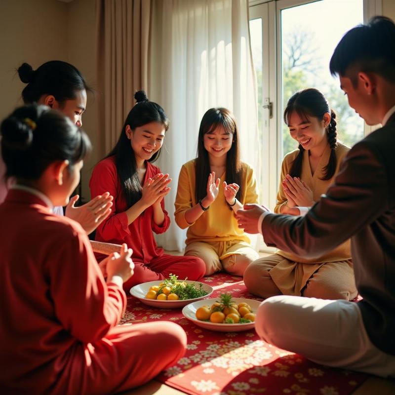 Gia đình thực hiện nghi lễ cúng đất khi chuyển vào nhà mới với đầy đủ lễ vật